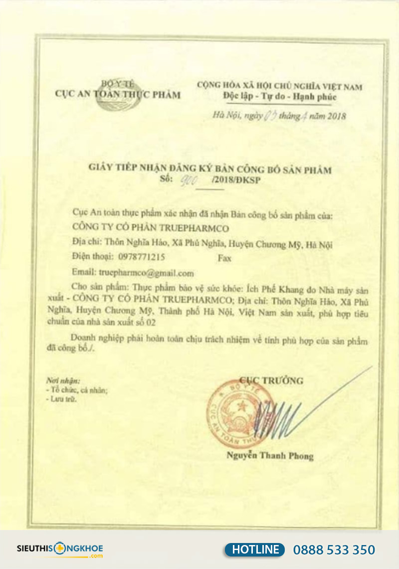 giấy chứng nhận ích phế khang