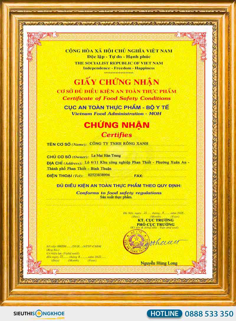 giấy chứng nhận nước đông trùng hạ thảo hector sâm