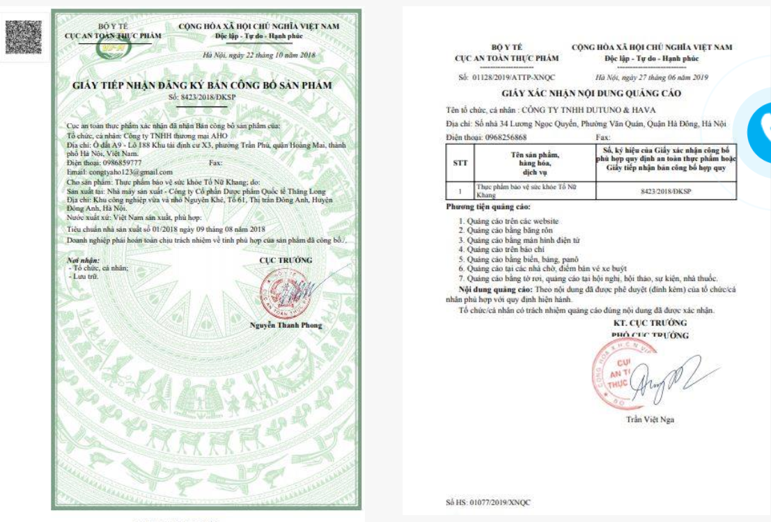 giấy chứng nhận của bộ y tế tố nữ khang