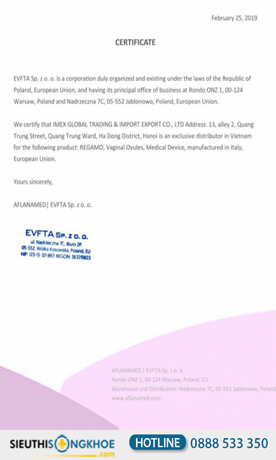 giấy chứng nhận regamo