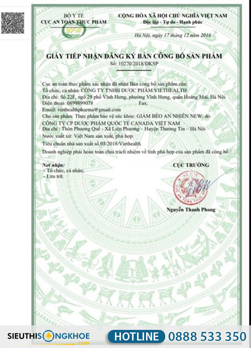 giấy chứng nhận giảm béo an nhiên