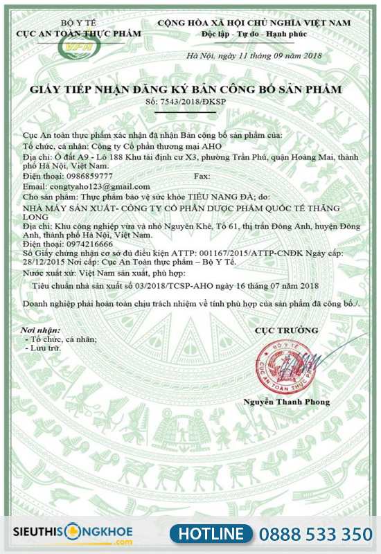giấy chứng nhận tiêu nang đà