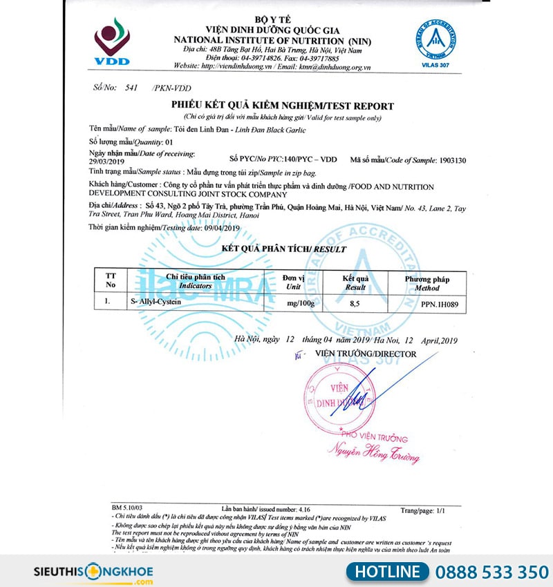 phiếu xét nghiệm tỏi đen linh đan 200gr