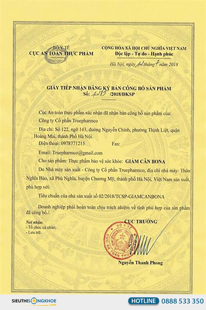 giấy chứng nhận giảm cân bona