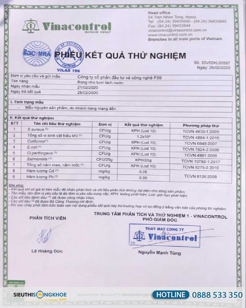 giấy xét nghiệm của rong nho sabudo