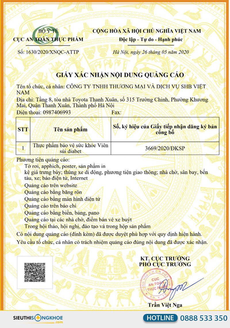 giấy chứng nhận viên sủi diabet
