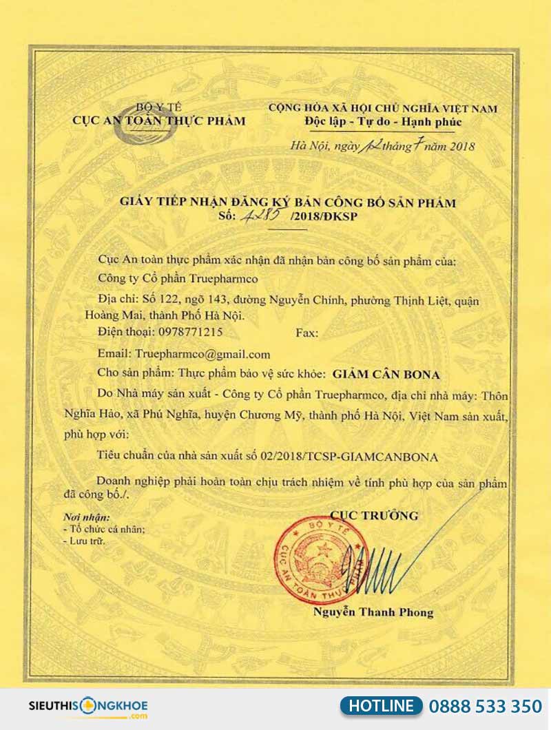 giấy chứng nhận giảm cân bona