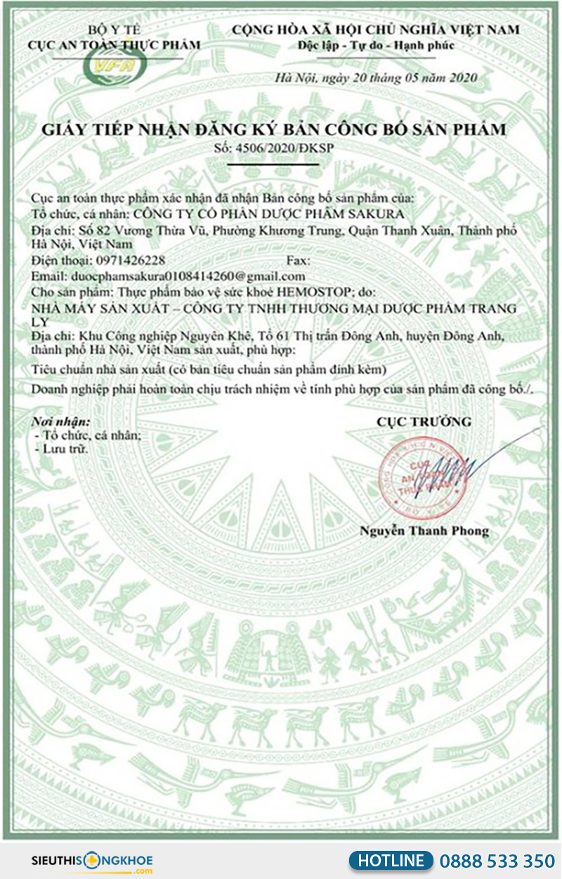 giấy chứng nhận viên sủi trĩ hemostop