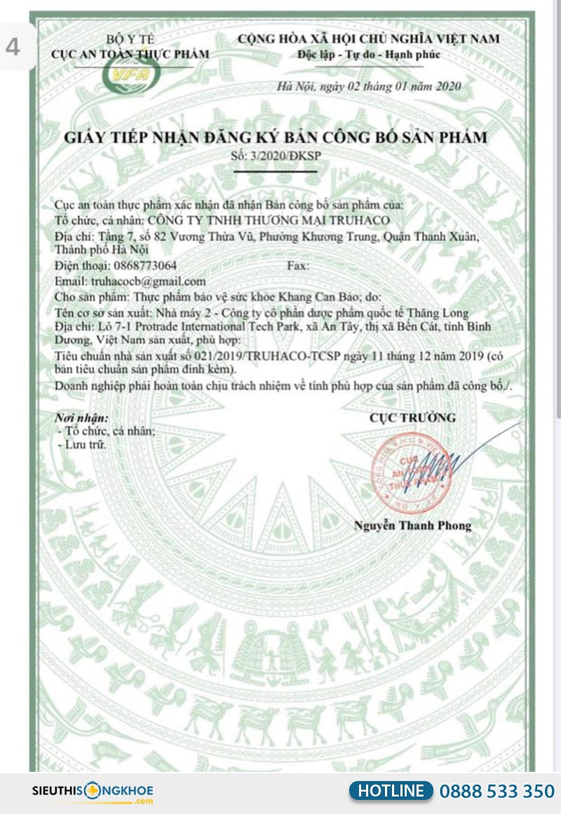 giấy chứng nhận viên uống khang can bảo