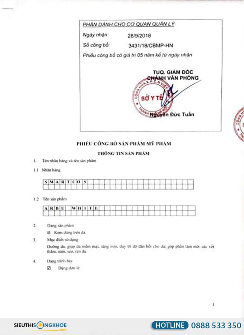 giay cong bo san pham kem trị nám arbu white hvqy