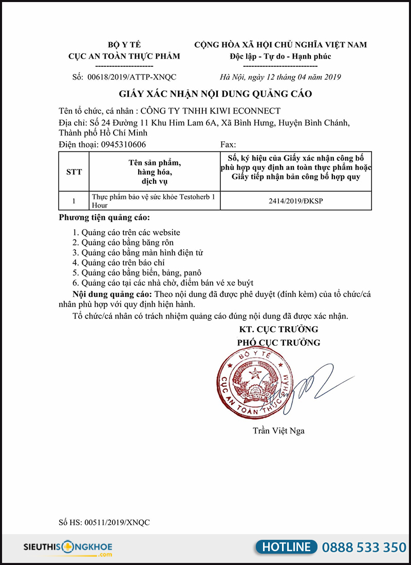 giấy xác nhận nội dung quảng cáo testoherb 1h