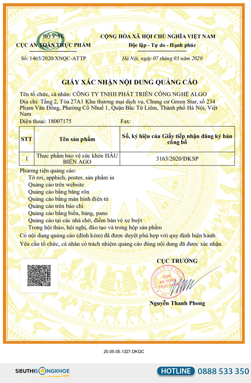 giấy xác nhận quảng cáo hàu biển ago