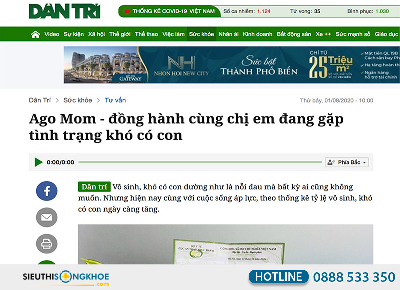 báo dân trí đăng tin về viên uống ago mom
