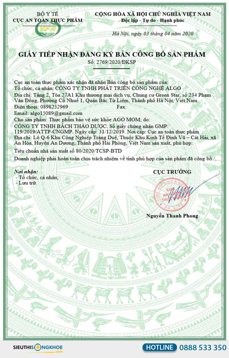 giấy chứng nhận viên uống ago mom