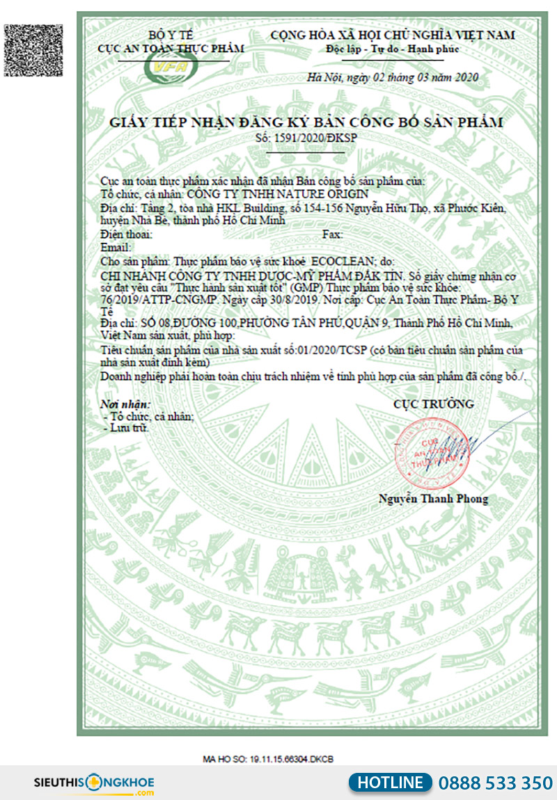 giấy chứng nhận viên uống ecoclean