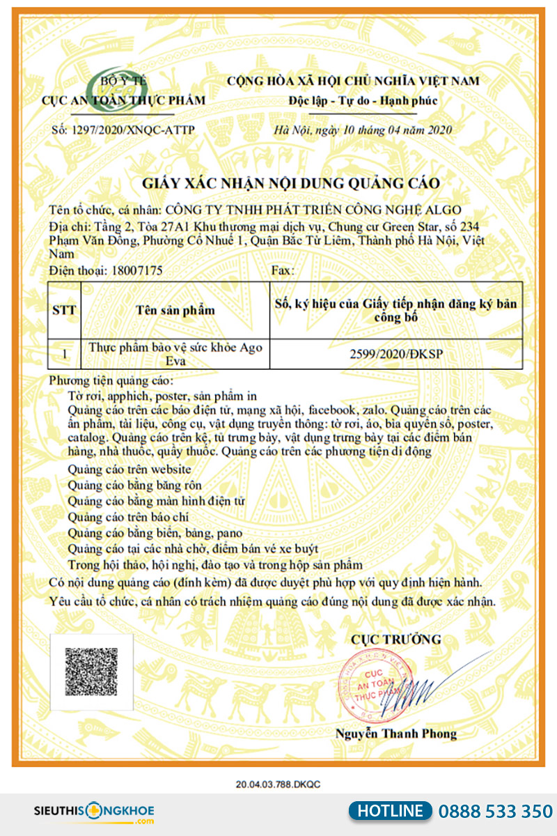 giấy xác nhận quảng cáo viên uống ago eva