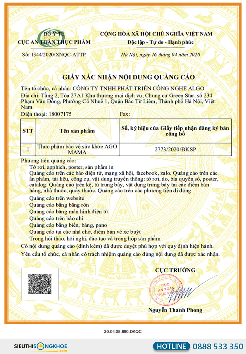 giấy xác nhận quảng cáo viên uống ago mama
