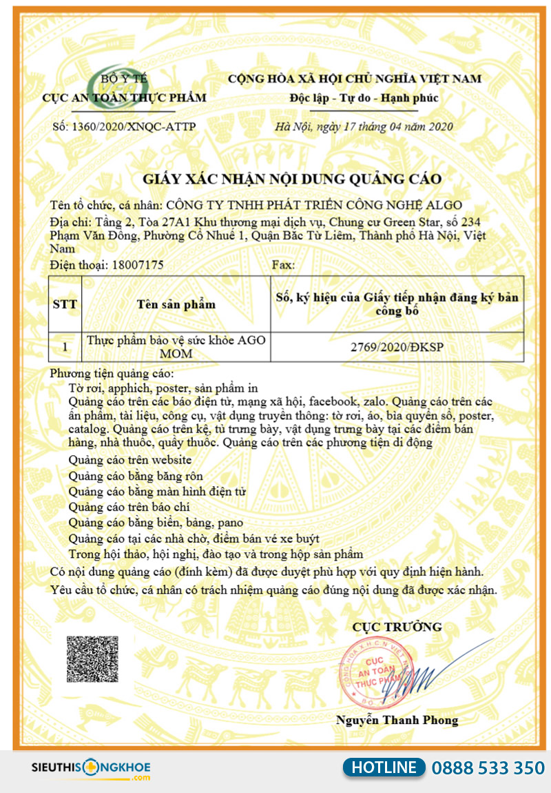 giấy xác nhận quảng cáo viên uống ago mom