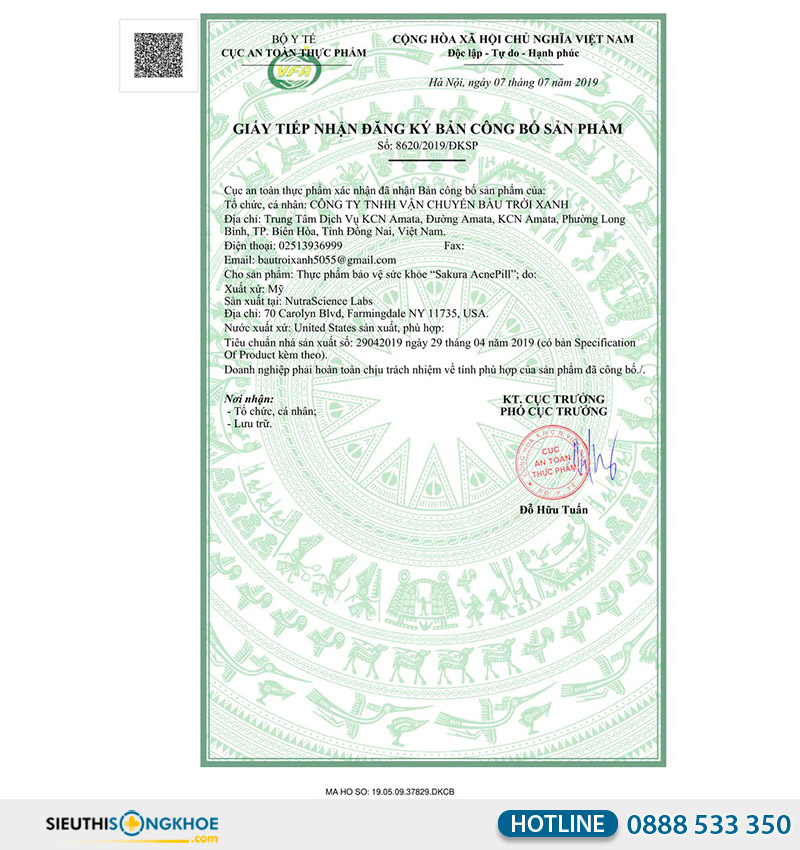 giấy chứng nhận sakura acnepill
