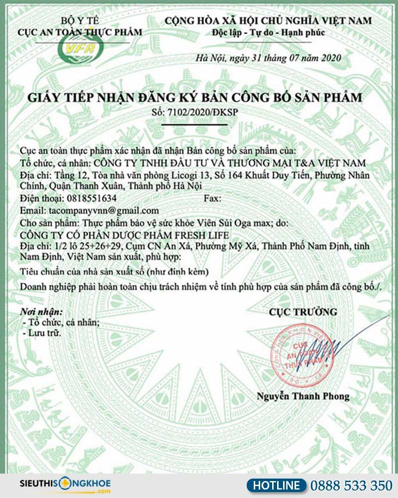 giấy chứng nhận bộ y tế viên sủi oga max