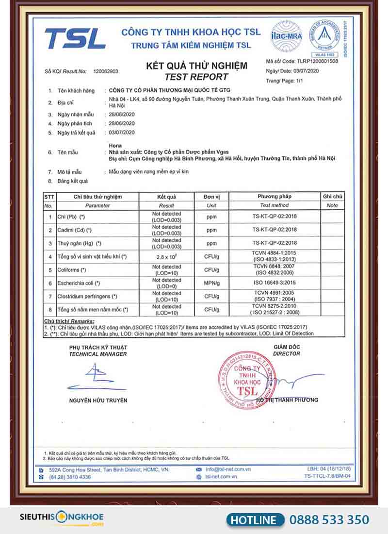 kết quả thử nghiệm hona