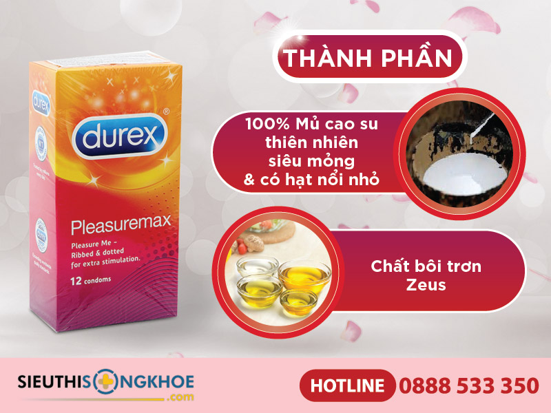 thành phần hộp 12 bao cao su durex pleasuremax hạt nổi 56mm