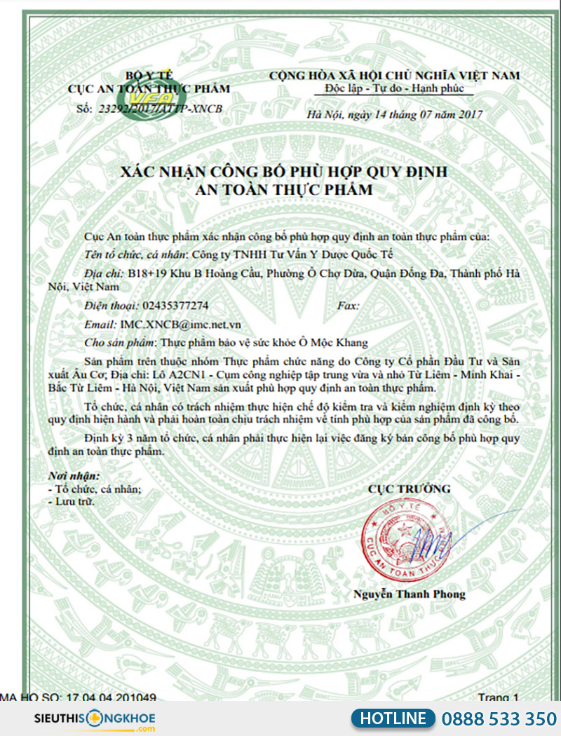giấy chứng nhận viên uống ô mộc khang