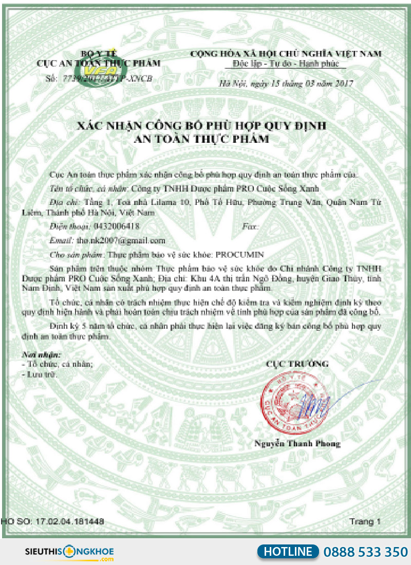 giấy chứng nhận của sản phẩm procumin