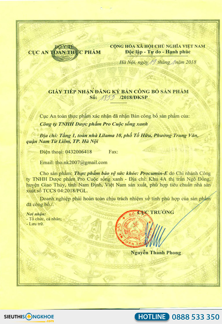 giấy công bố sản phẩm procumin