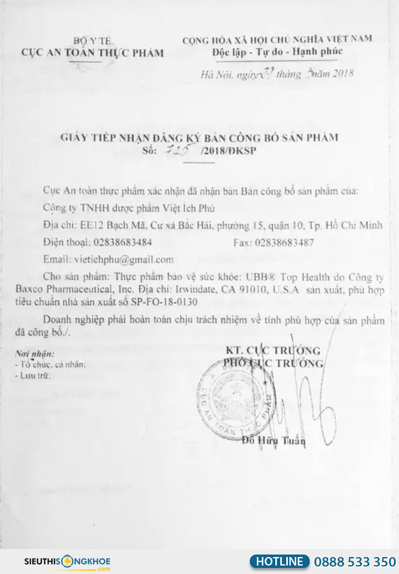 giấy công bố sản phẩm viên uống ubb top health