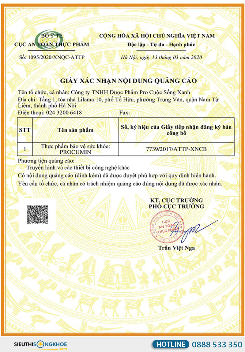 giấy xác nhận quảng cáo sản phẩm procumin