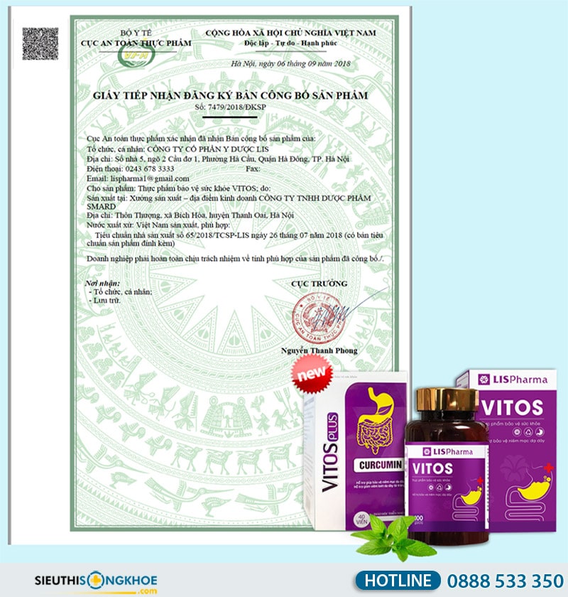 giấy chứng nhận viên uống vitos plus