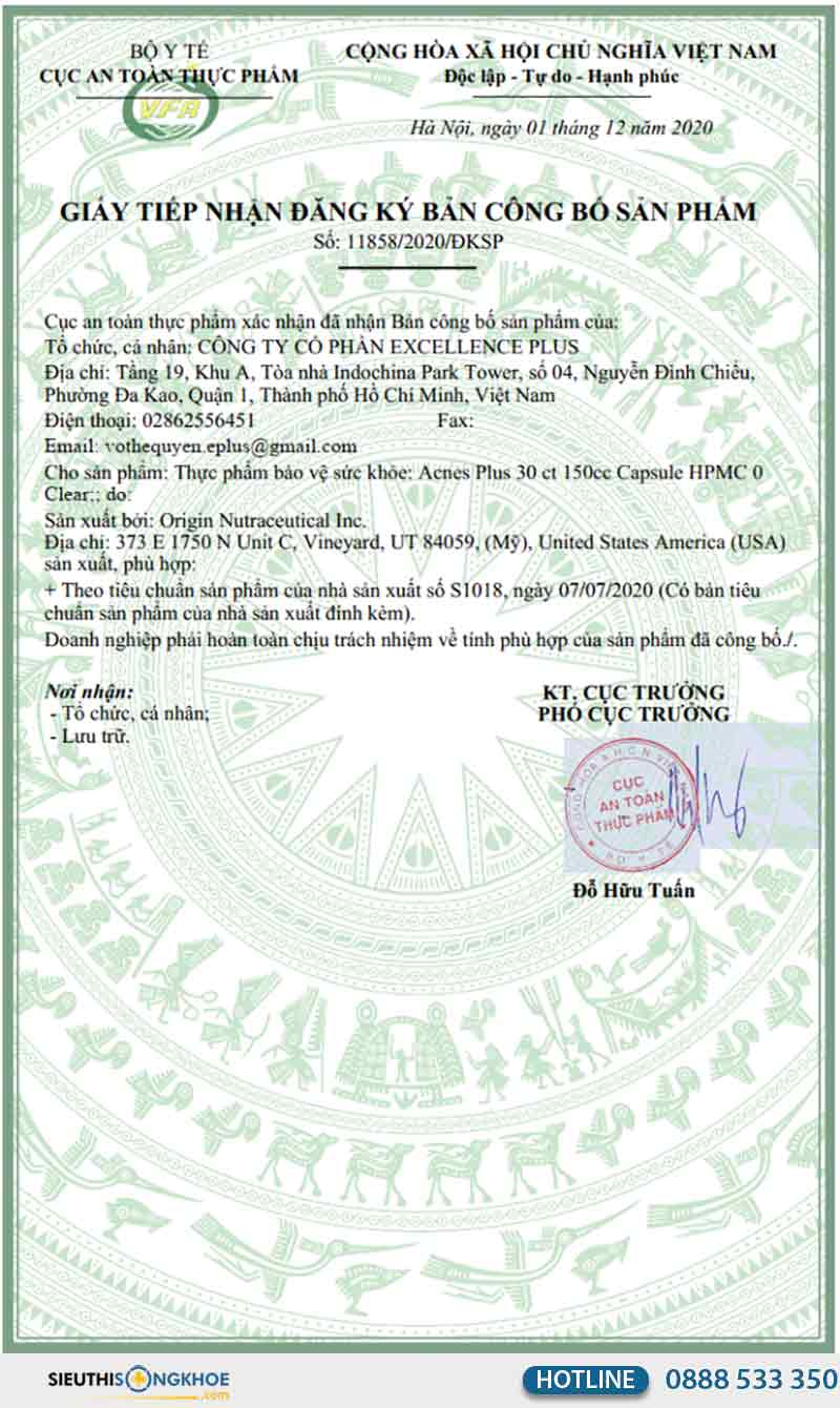giấy chứng nhận acnes plus