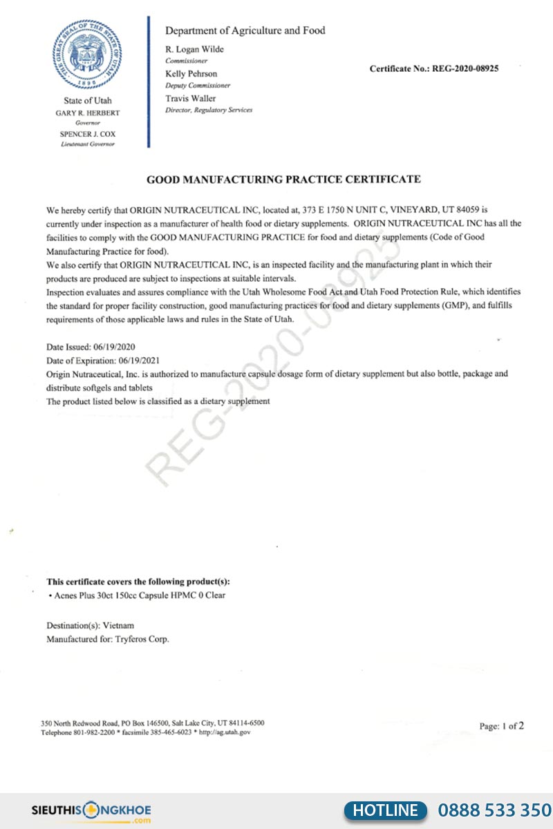 giấy chứng nhận của acnes plus