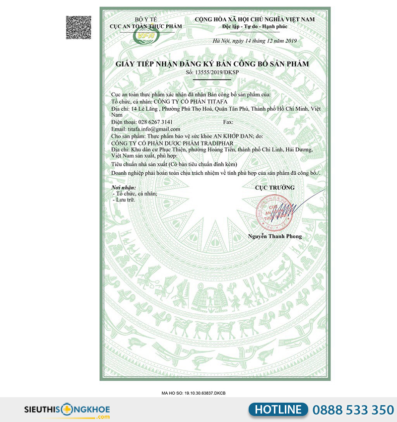 giấy chứng nhận của an khớp đan