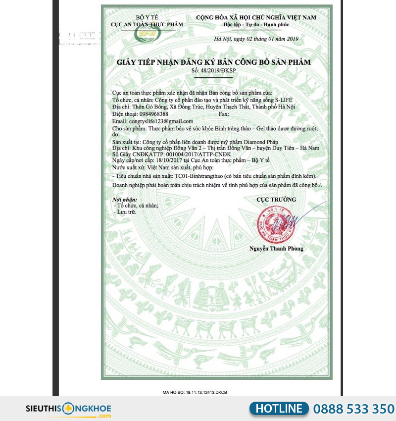 giấy chứng nhận của bình tràng thảo