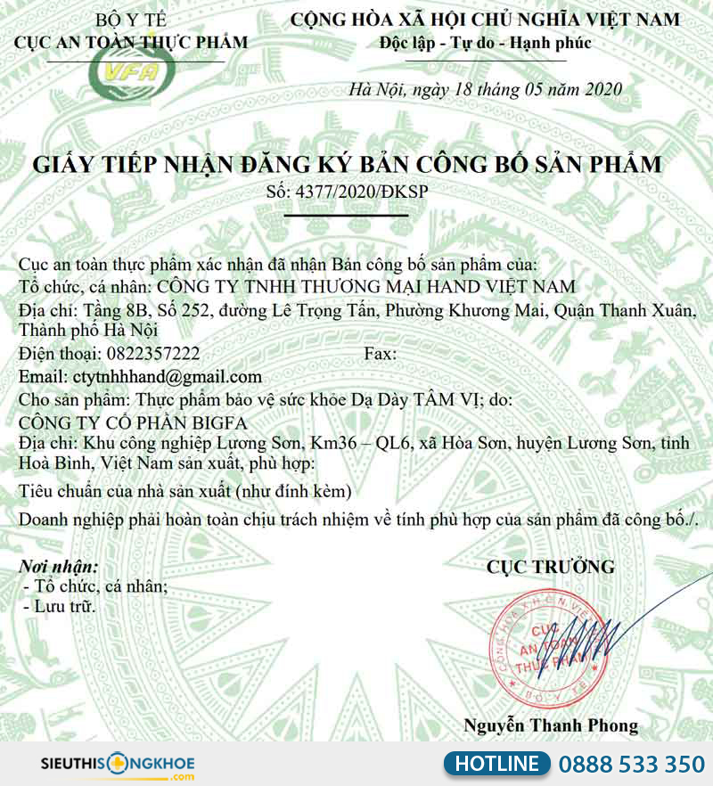 giấy chứng nhận của dạ dày tâm vị