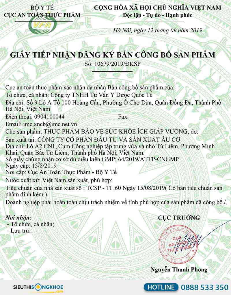 giấy chứng nhận của ích giáp vương