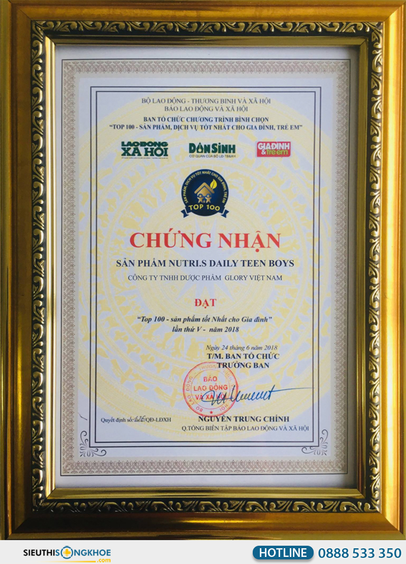 giấy chứng nhận của nutris daily teen boys gold