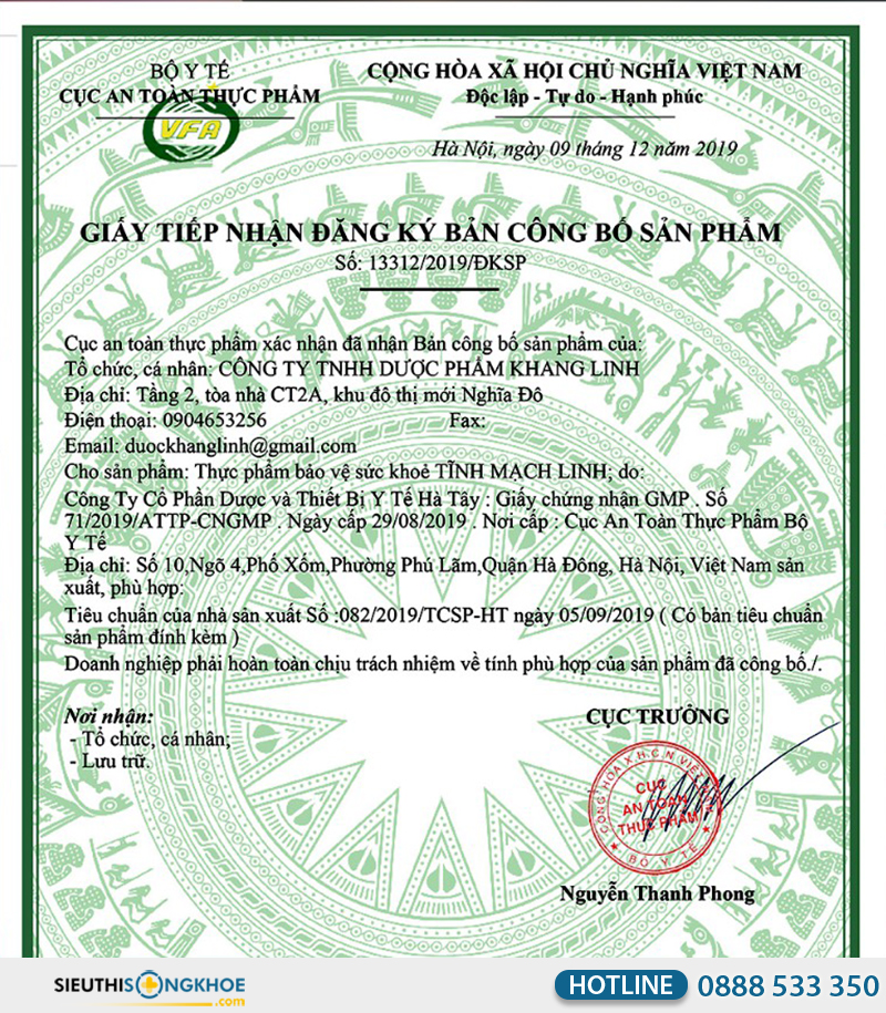 giấy chứng nhận của tĩnh mạch linh