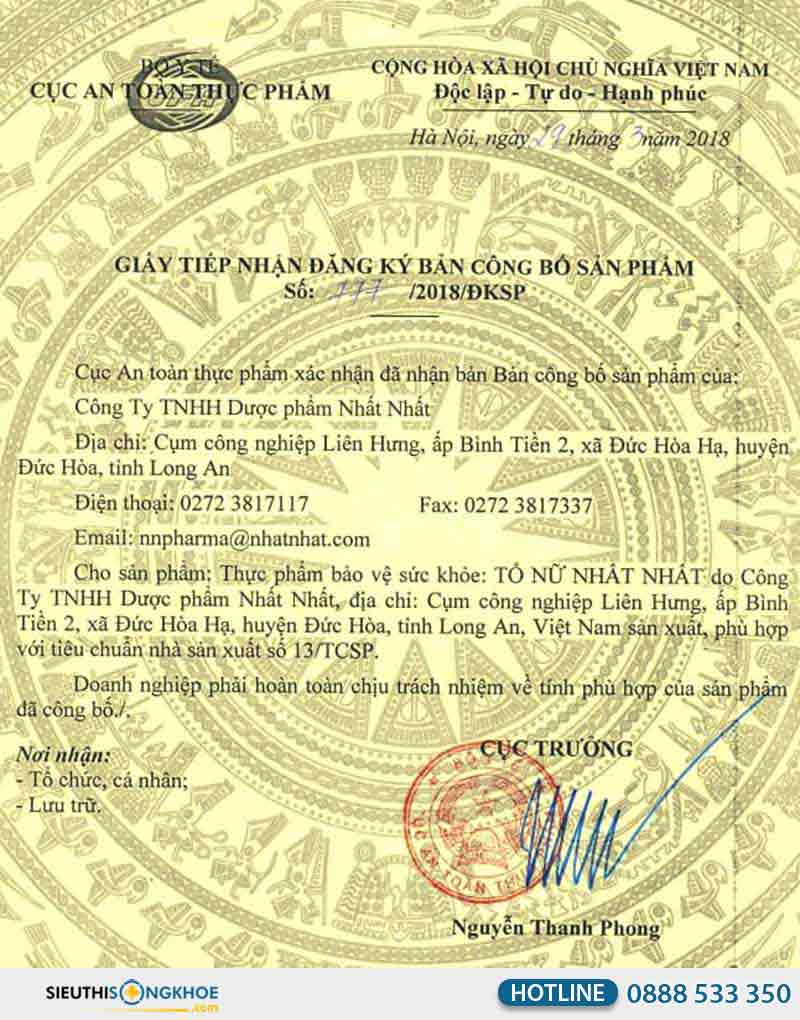 giấy chứng nhận của tố nữ nhất nhất