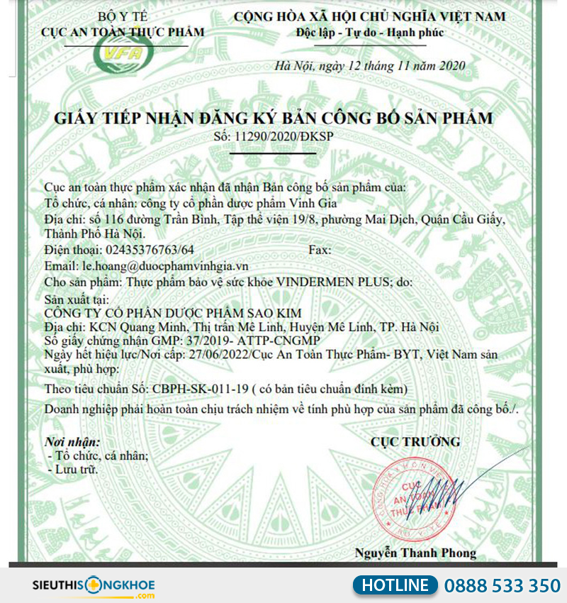 giấy chứng nhận của vindermen plus