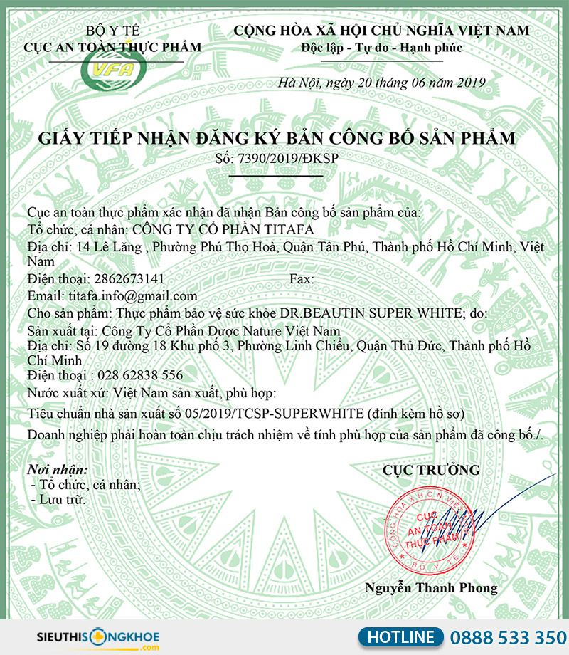 giấy chứng nhận dr.beautin super white