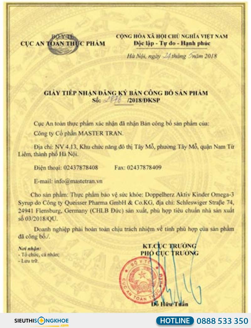 giấy chứng nhận kinder omega 3 syrup