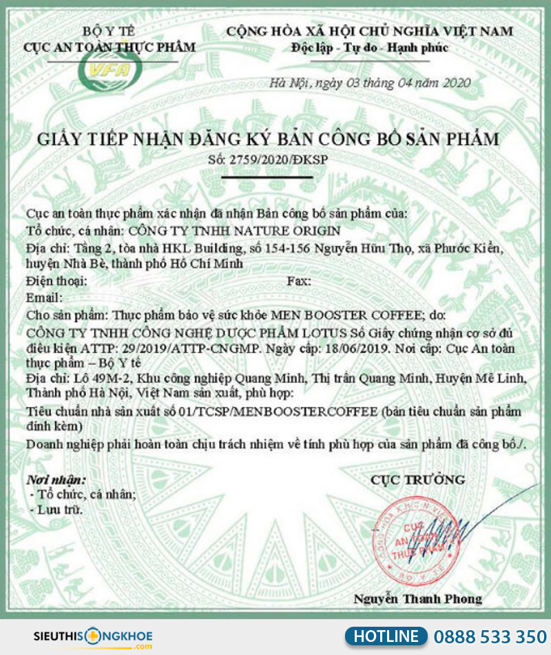 giấy chứng nhận men booster coffee