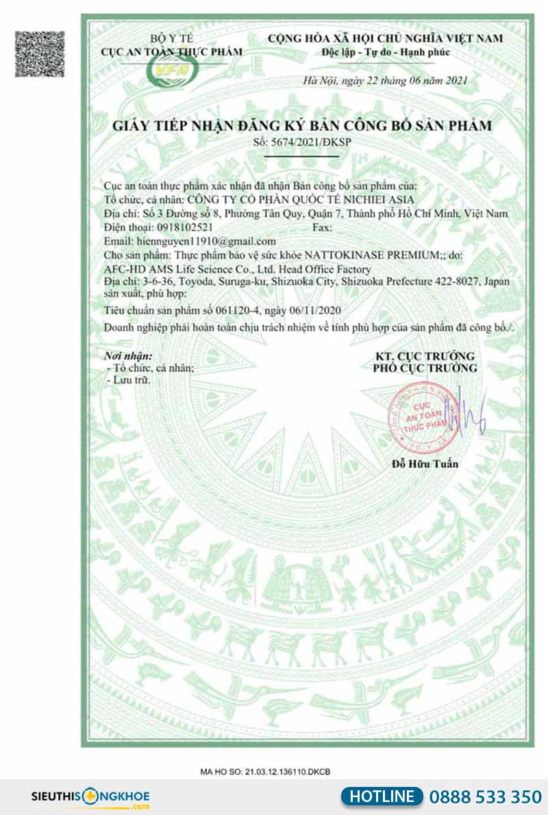 giấy chứng nhận nattokinase premium 60000 fu