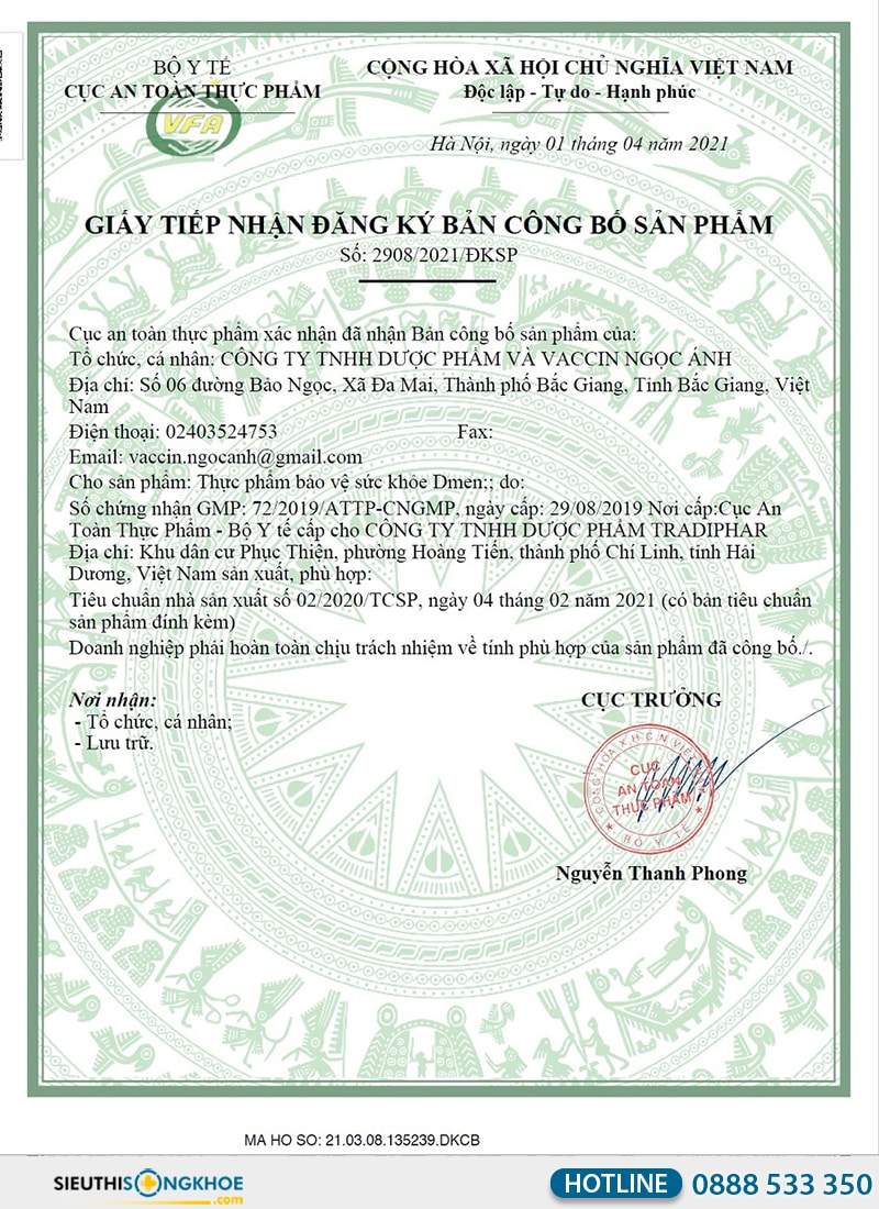 giấy chứng nhận viên uống dmen