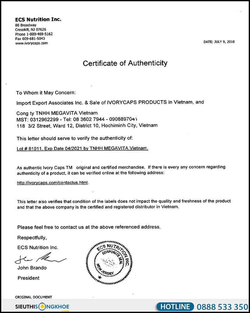 giấy chứng nhận viên uống ivory caps
