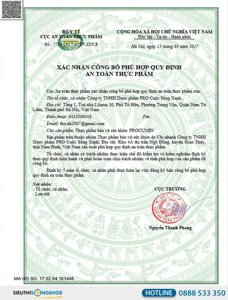 giấy chứng nhận viên uống procumin-e