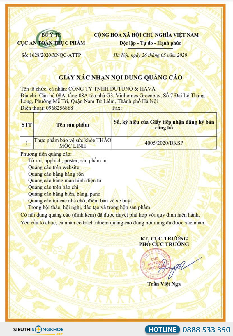 giấy xác nhận của viên uống thảo mộc linh